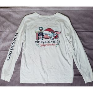 Vineyard Vines Women's Large White Long-Sleeve Pocket Christmas Whale T-Shirt